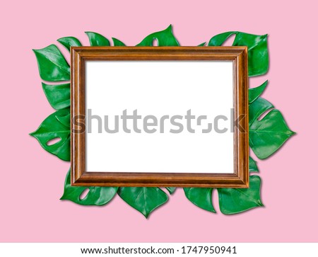 Empty wooden photo frame on green leaves isolated on pink background, Save Clipping path.