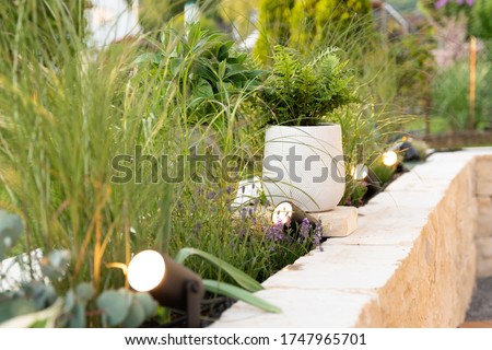 Ambient lighting on terrace and garden with rgb spots Royalty-Free Stock Photo #1747965701