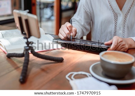 New normal lifestyle. Online learning or E-learning. Blended learning education anytime. Social connect at home. Lifestyle after Corona virus or Covid-19. Royalty-Free Stock Photo #1747970915