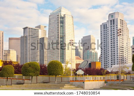 Yerba Buena Gardens and downtown city skyline of San Francisco, California, United States