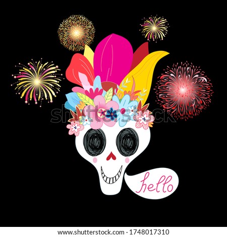 Bright vector illustration multicolored with a bouquet of skulls on a dark background for Halloween