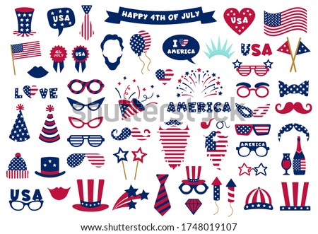 Photobooth USA patriotic props. Celebration photobooth mask, American glasses, mustache and hat, photo props vector symbols set. American party, mask booth independence holiday illustration Royalty-Free Stock Photo #1748019107