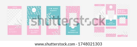 White branches of plants, pink template. Modern style. Set of vertical and square banners for design of social networks, instagram story and print with windows for images. 