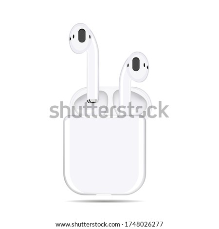 Vector illustration of white wireless headphones in a case on a white background. Royalty-Free Stock Photo #1748026277