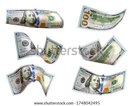 Set of flying dollars banknotes isolated on white background