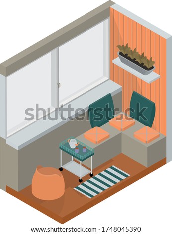 Recreation area in the apartment on the balcony. Apartment loggia with breakfast area. Soft sofas on the balcony. Style is isometry. Vector isolated illustration.