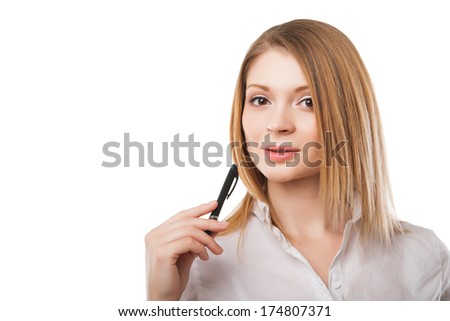 Happy businesswoman holding pen isolated over white background