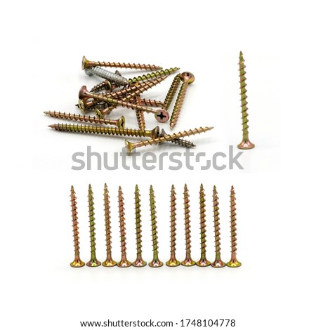 Self-tapping yellow bolts with flat heads set on a white background. Construction.