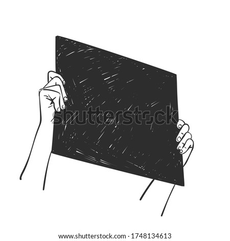 Hands holding black square banner, Blackout tuesday concept. Vector sketch, Hand drawn illustration Royalty-Free Stock Photo #1748134613