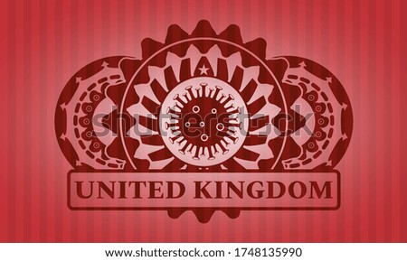 Virus icon and United Kingdom text red realistic emblem. Bars fashionable background. Vector illustration. 