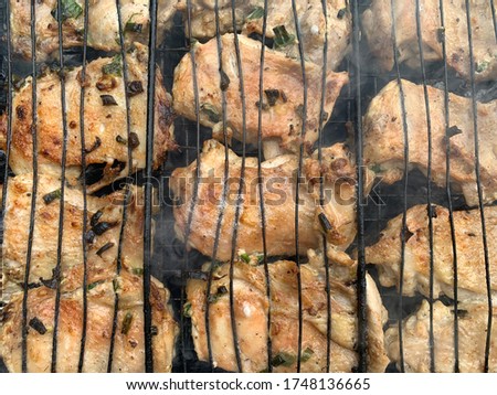 Fried chicken steak. Picnic in nature, poultry cooked at the stake. Juicy marinated steaks on a grill with smoke.