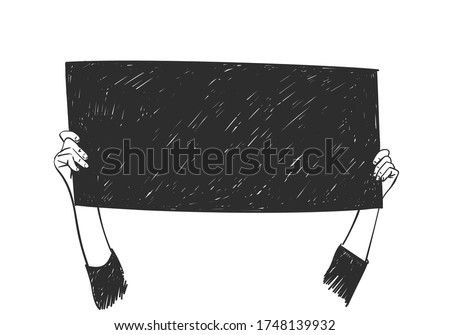 Hands holding black square banner, Blackout tuesday concept. Vector sketch, Hand drawn illustration Royalty-Free Stock Photo #1748139932