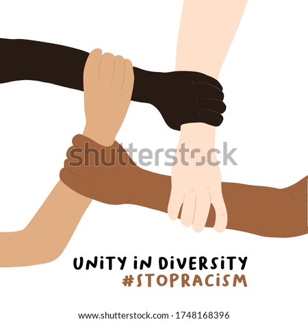 Drawing of races united against discrimination and racism. Black African American and Caucasian hands holding together in world unity and racial love and understanding. Vector illustration.  Royalty-Free Stock Photo #1748168396