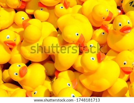 a bunch of yellow plastic ducks with red beaks, toy animals