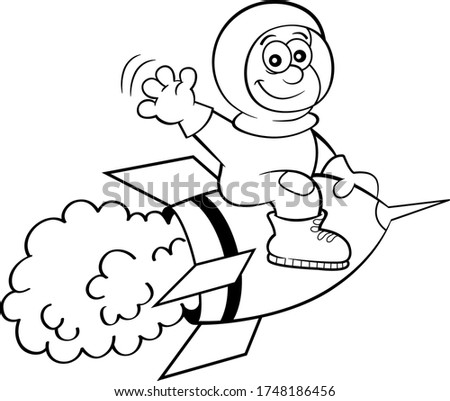 Cartoon illustration of a boy in a space suit riding a space ship.