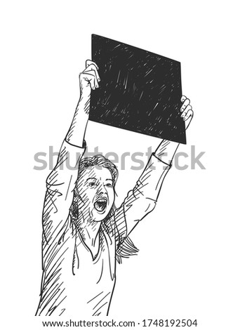 Woman with black square banner is screaming during protest. Vector sketch, Hand drawn illustration Royalty-Free Stock Photo #1748192504