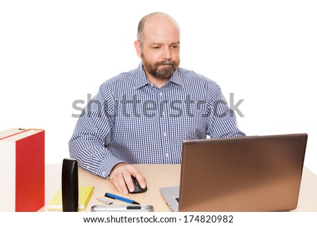 A handsome man with a beard in his office isolated on white background