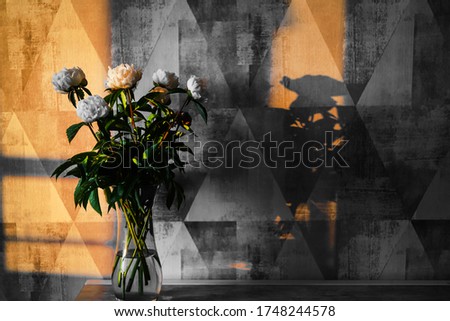 morning rays of the sun in a room on a gray wall. Peonies in a glass vase on the table. dawn.