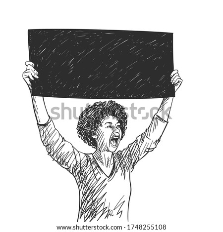 African american woman with black banner is screaming during protest. Vector sketch, Hand drawn illustration  Royalty-Free Stock Photo #1748255108