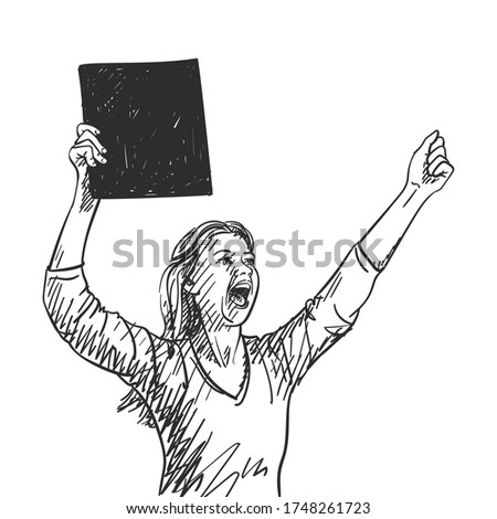 Woman with black square banner is screaming and showing fist during protest. Vector sketch, Hand drawn illustration Royalty-Free Stock Photo #1748261723