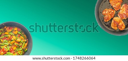 Banner with traditional homemade turkey stew with vegetables, indoor, process of cooking with copy space for text and green background, details