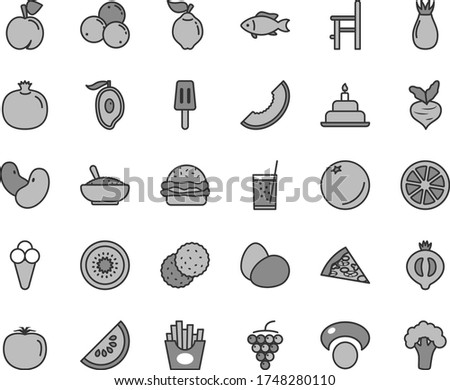 Thin line gray tint vector icon set - a chair for feeding vector, birthday cake, eggs, piece of pizza, burger, bowl rice porridge, French fries, fish, glass soda, popsicle, cone, biscuit, orange