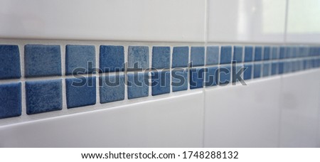 A bordure with blue, old tiles surrounded by white bathroom tiles.