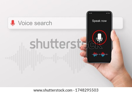 Voice Search Application. Female Hand Holding Smart Phone Websurfing Internet Using Speech Recognition App On White Background. Cropped, Closeup