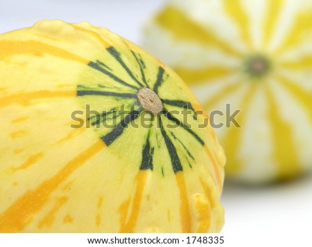 Close-up of yellow and green pumpkins on white background