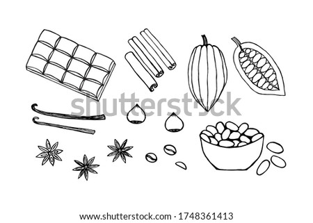 Set of elements ingredients for chocolate isolated objects black outline on a white background.Vector illustration for design, directory, announcements, manual, invitations, cafe, restaurant, menu. 