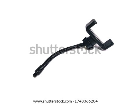 Black flexible holder for phone isolated on a white background. Device to reduce camera shake smartphone at the time of shooting with a mount on the tripod. A device for stabilizing video on a phone