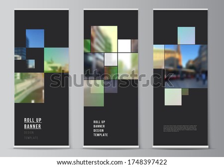 Vector layout of roll up mockup design templates for vertical flyers, flags design templates, banner stands, advertising design mockups. Abstract project with clipping mask green squares for your