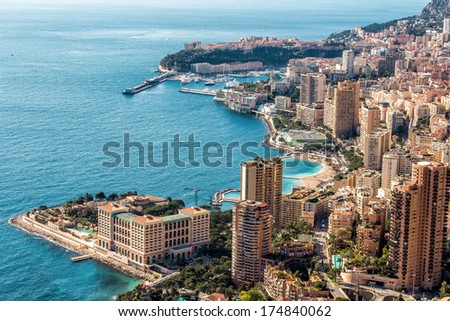 Monte Carlo top View with blue sky and water Royalty-Free Stock Photo #174840062