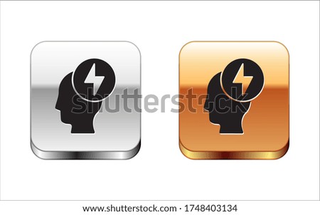Black Human head and electric symbol icon isolated on white background. Silver-gold square button. Vector