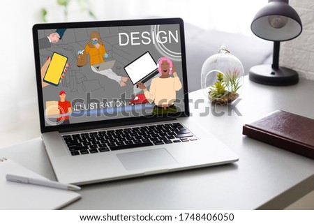 Workplace with laptop on table at home web designer or artist. Concept of a freelance and creative work online