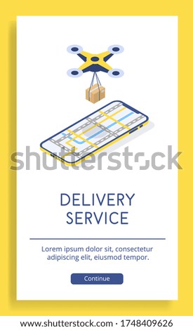 A drone with a parcel in a cardboard box hangs over a smartphone with a map application. Delivery service application for mobile phone. Vector isometric image on an advertising poster.
