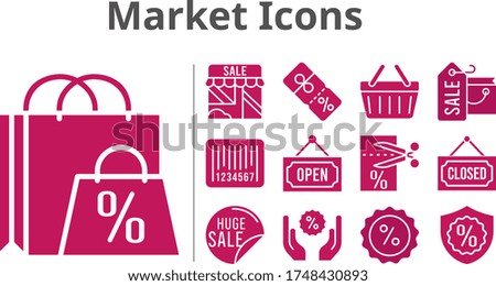 market icons set. included shopping bag, sale, shop, voucher, discount, warranty, closed, shopping-basket, barcode, open icons. filled styles.