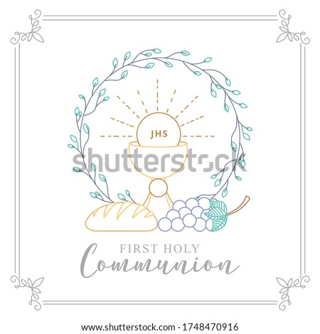 First Holy Communion Invitation with body Christ and grape with bread. vector illustration Royalty-Free Stock Photo #1748470916