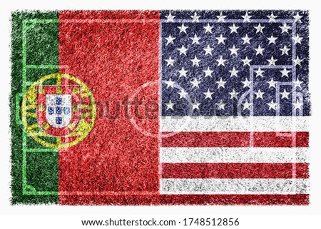 Flags of Portugal and United States Of America on soccer field
