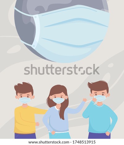 sick world and people with masks, save the planet protection against coronavirus covid 19, protect nature and ecology concept vector illustration