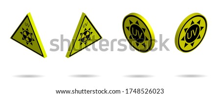 set of 3d danger signs on a yellow background, high solar activity. Increased ultraviolet radiation. Protection against sunburn. Isolated vector on white background
