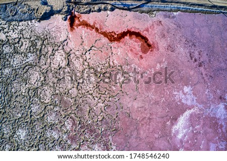 An aerial shot of a red and gray salt lake in Searles, California
