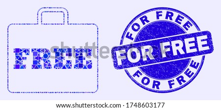 Geometric free case mosaic pictogram and For Free seal stamp. Blue vector round textured seal stamp with For Free text. Abstract concept of free case organized of round, triangles,