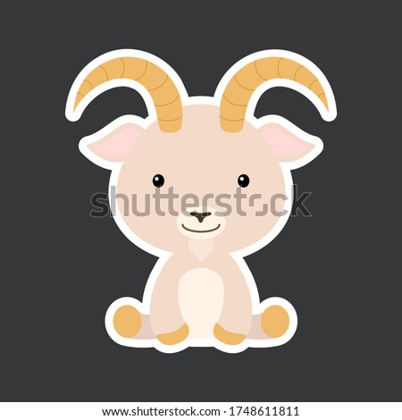 Sticker of cute baby goat sitting. Adorable domestic animal character for design of album, scrapbook, card, poster, invitation. Flat cartoon colorful vector illustration.