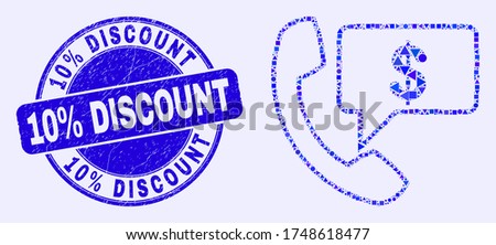 Geometric financial phone message mosaic pictogram and 10% Discount seal. Blue vector rounded grunge seal stamp with 10% Discount phrase. Abstract mosaic of financial phone message made of round,