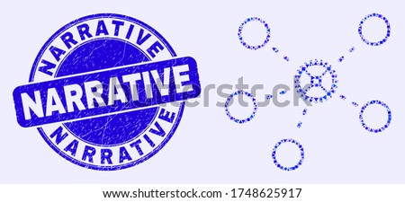 Geometric gear links mosaic pictogram and Narrative seal stamp. Blue vector round distress seal stamp with Narrative message. Abstract composition of gear links created of round, tringle,