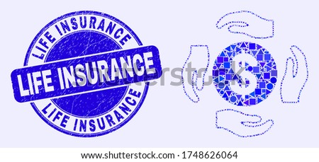 Geometric dollar care hands mosaic icon and Life Insurance seal stamp. Blue vector rounded distress seal stamp with Life Insurance phrase. Abstract concept of dollar care hands organized of circle,