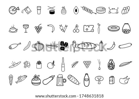 Food and cooking icon line set. Minimalist outline vector symbols for mobile, applications and packing design. Collection of stroke food and drinks sign isolated on white background.Stock illustration