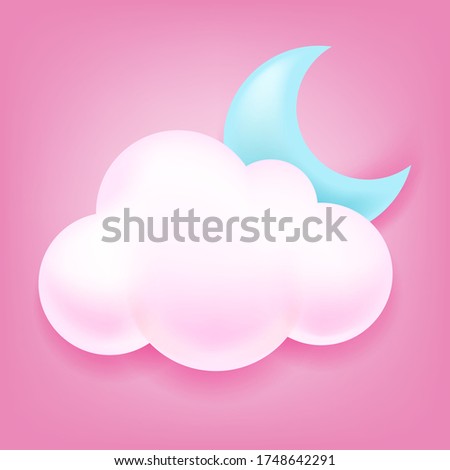 Hand drawn vector illustration of cute white clouds and blue moon on pink background, nature background, meteorological symbols, icon, abstract cloud icon