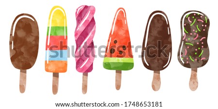 Watercolor ice cream, ice lolly and eskimo pie on a stick isolated on white, watercolor clip art illustration. Hand drawn bright summer clip art set.